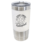Volleyball-finish 20 oz. sports tumbler, white with curved seam lines, stainless steel rim and clear slider lid, shown with a sample engraving