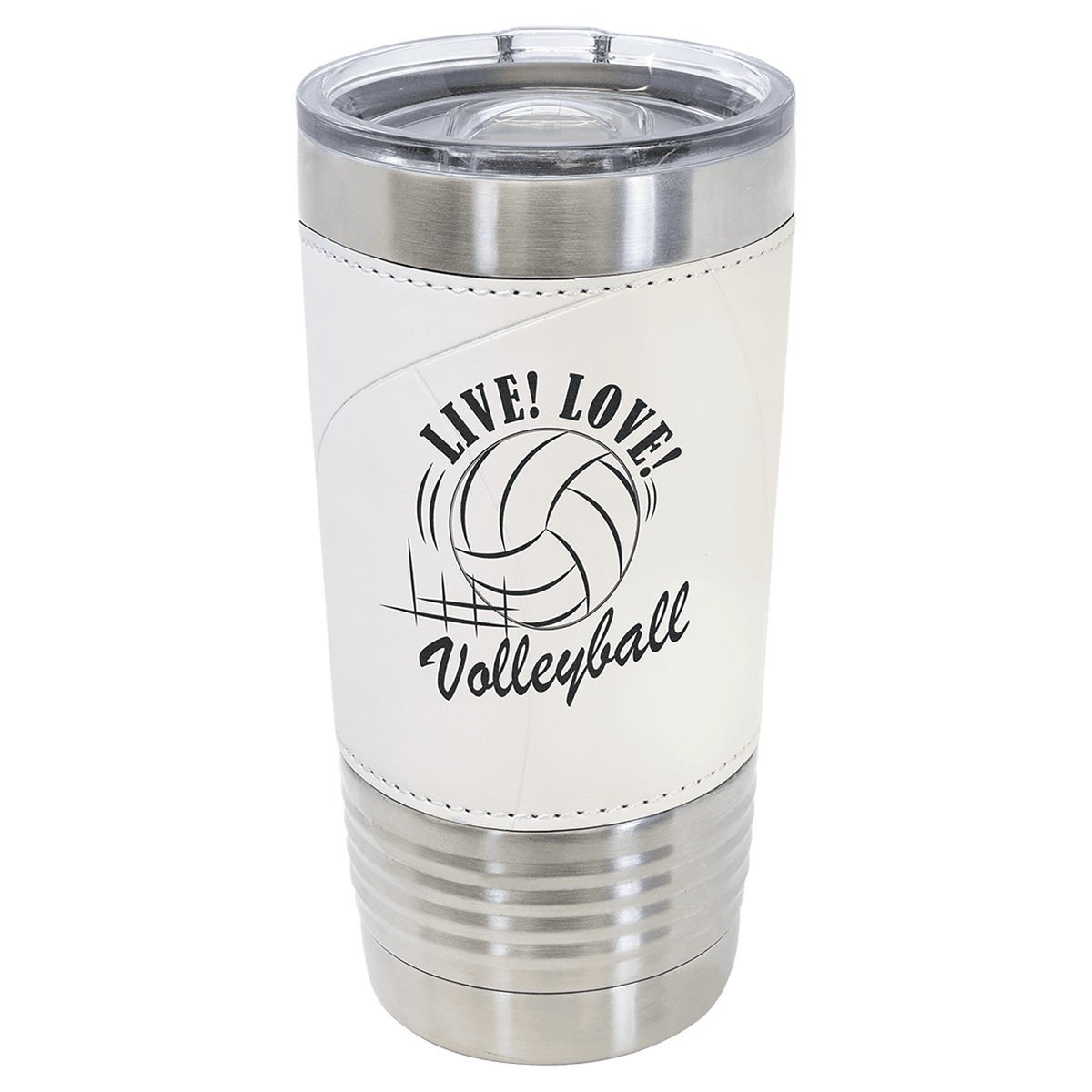 Volleyball-finish 20 oz. sports tumbler, white with curved seam lines, stainless steel rim and clear slider lid, shown with a sample engraving
