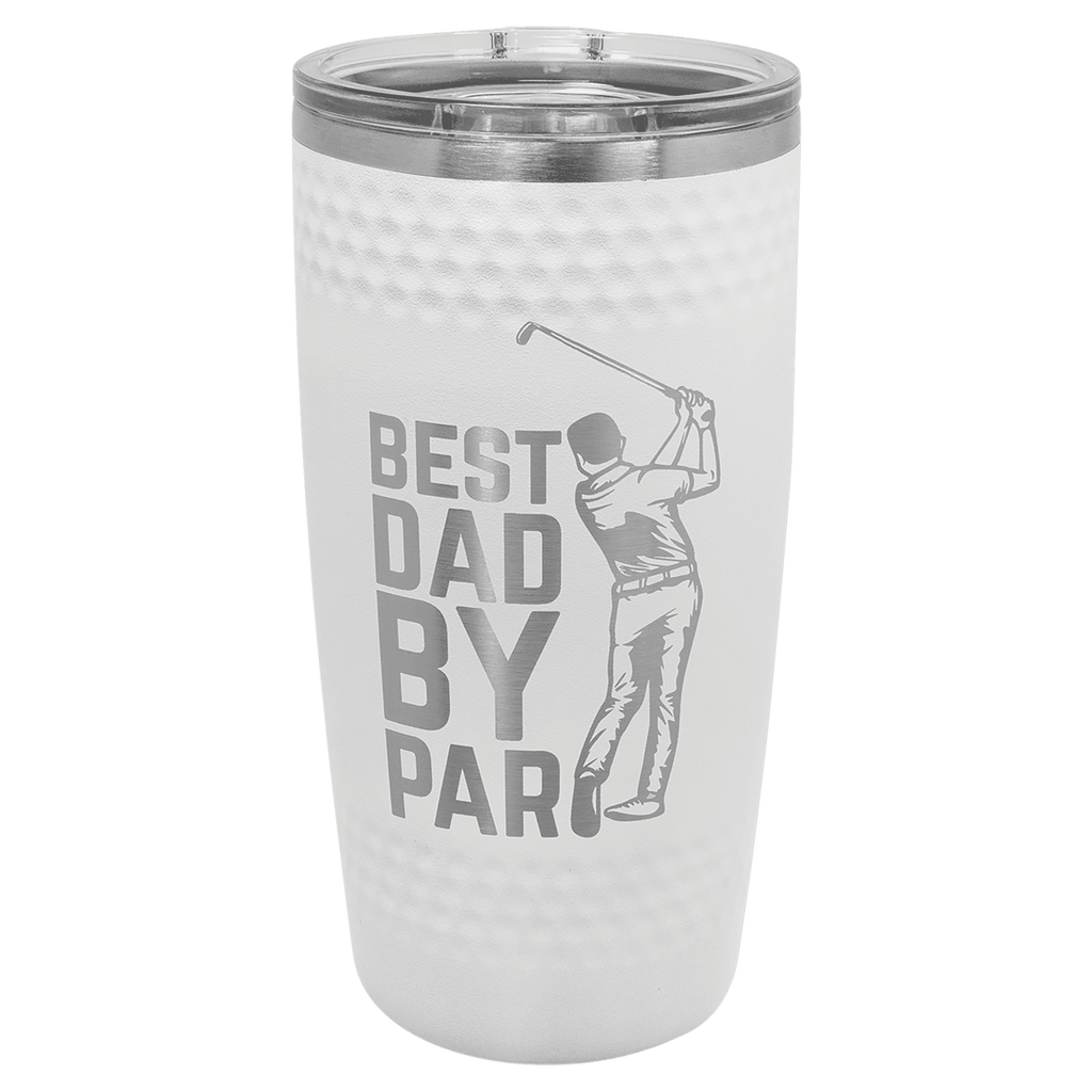 Golf-ball-finish 20 oz. sports tumbler, white with a dimpled texture, stainless steel rim and clear slider lid, shown with a sample engraving