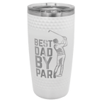 Golf-ball-finish 20 oz. sports tumbler, white with a dimpled texture, stainless steel rim and clear slider lid, shown with a sample engraving