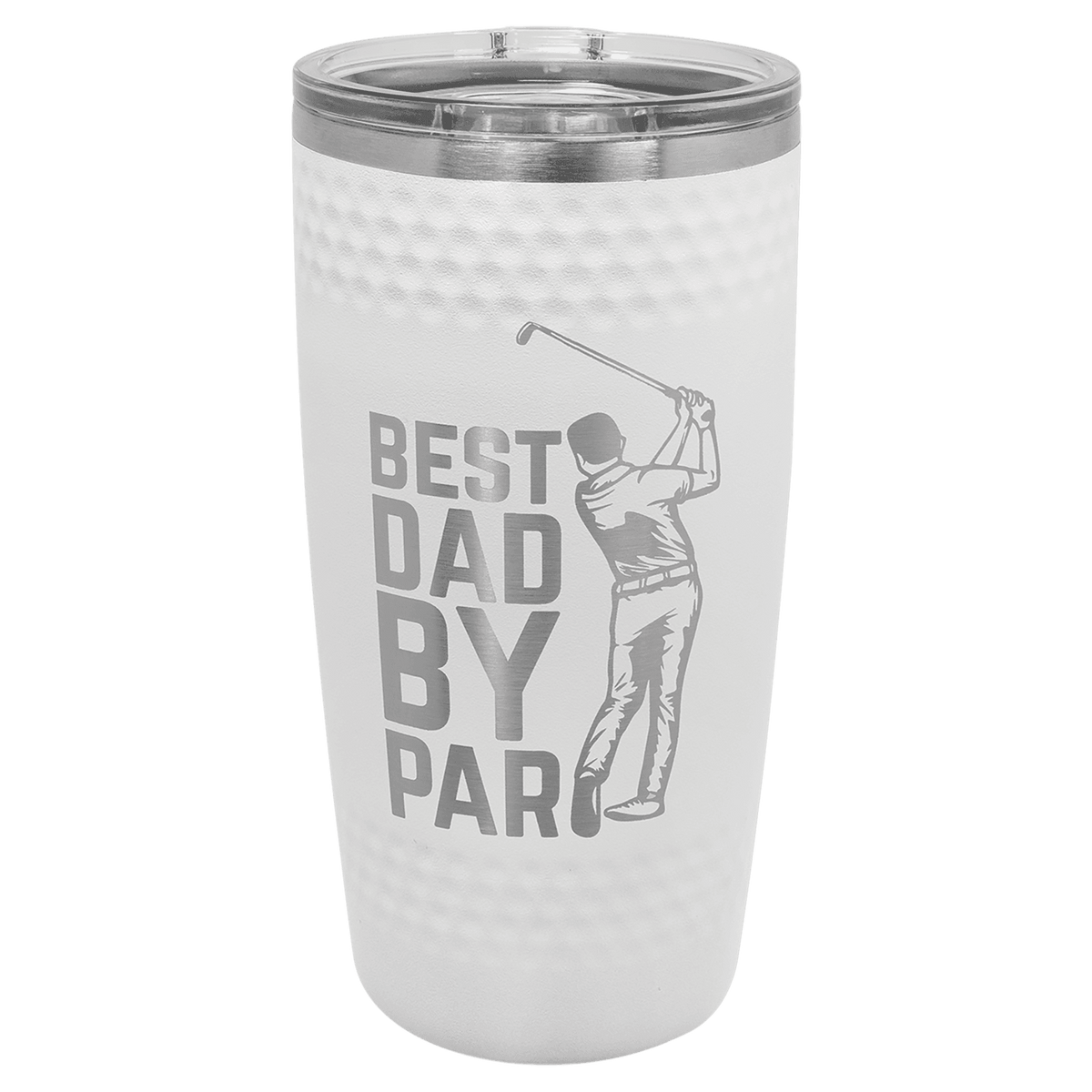 Golf-ball-finish 20 oz. sports tumbler, white with a dimpled texture, stainless steel rim and clear slider lid, shown with a sample engraving