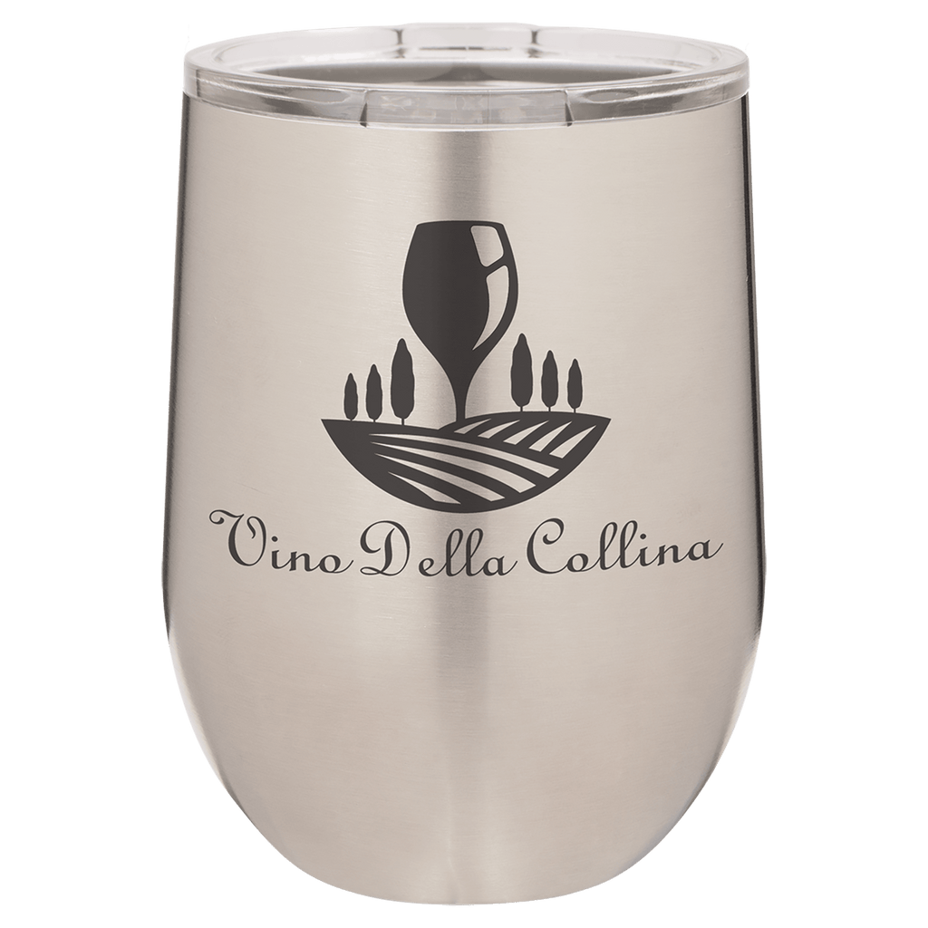 Brushed stainless steel 12 oz. insulated stemless wine tumbler with a clear lid, shown with a sample engraving