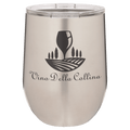 Brushed stainless steel 12 oz. insulated stemless wine tumbler with a clear lid, shown with a sample engraving
