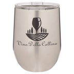 Brushed stainless steel 12 oz. insulated stemless wine tumbler with a clear lid, shown with a sample engraving