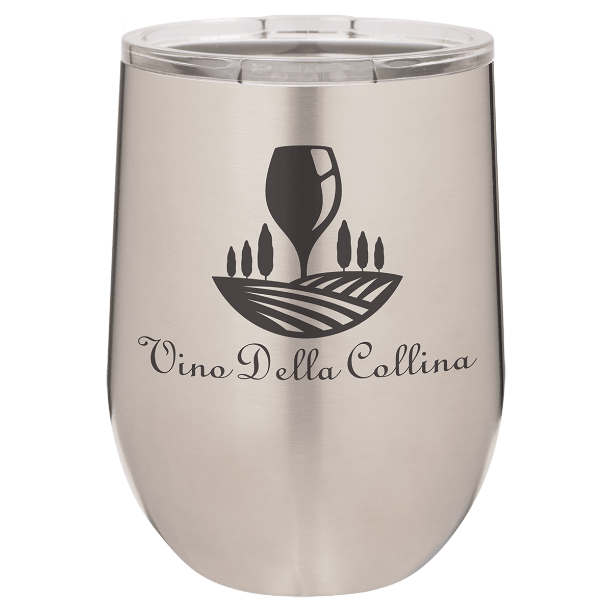 Brushed stainless steel 12 oz. insulated stemless wine tumbler with a clear lid, shown with a sample engraving