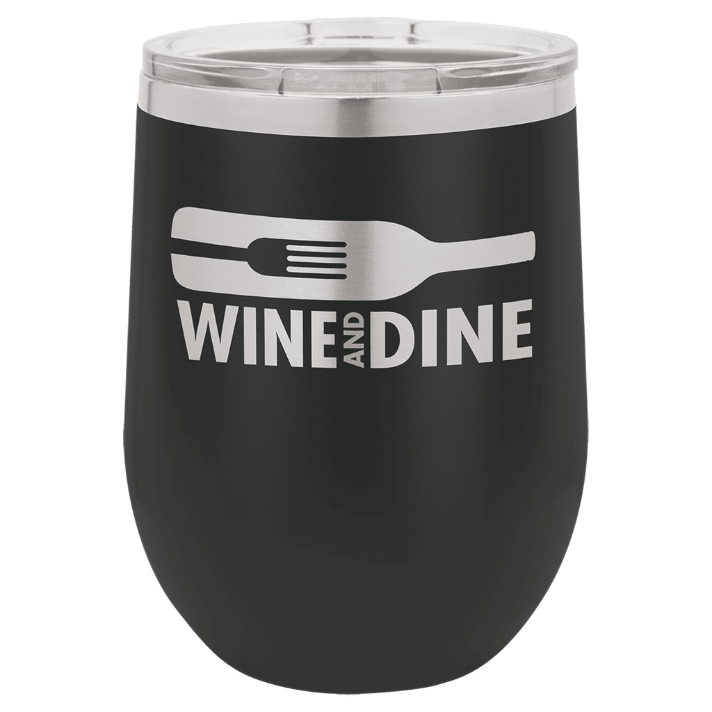 Black powder-coated 12 oz. insulated stemless wine tumbler with a clear lid, shown with a sample engraving