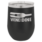 Black powder-coated 12 oz. insulated stemless wine tumbler with a clear lid, shown with a sample engraving