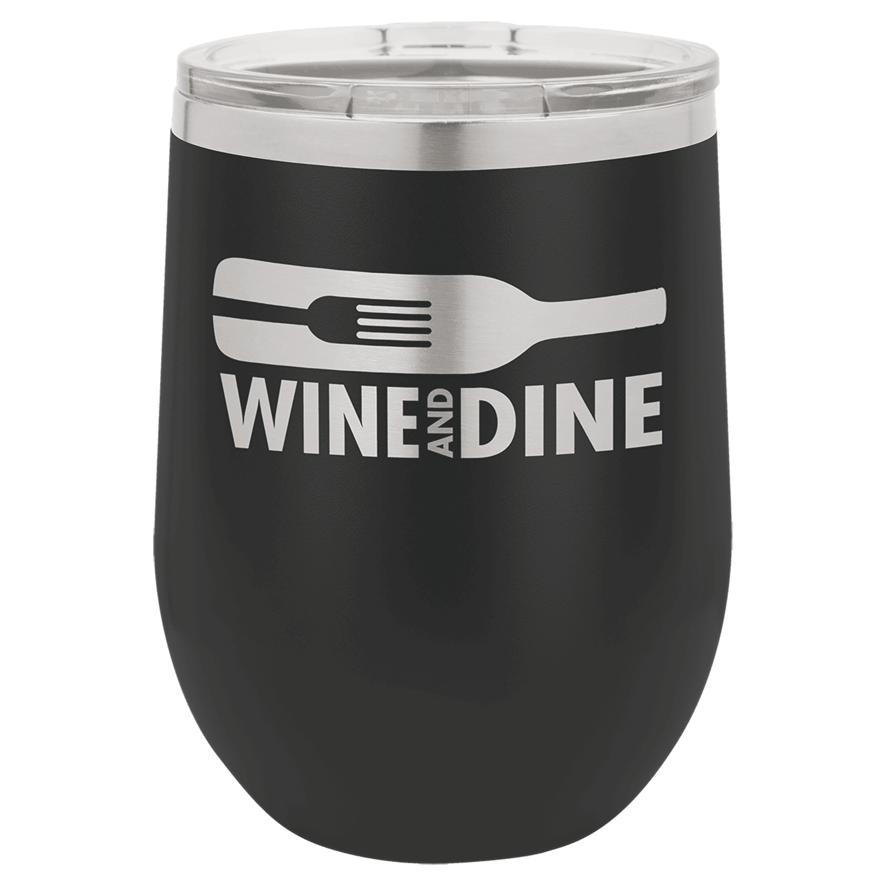 Black powder-coated 12 oz. insulated stemless wine tumbler with a clear lid, shown with a sample engraving