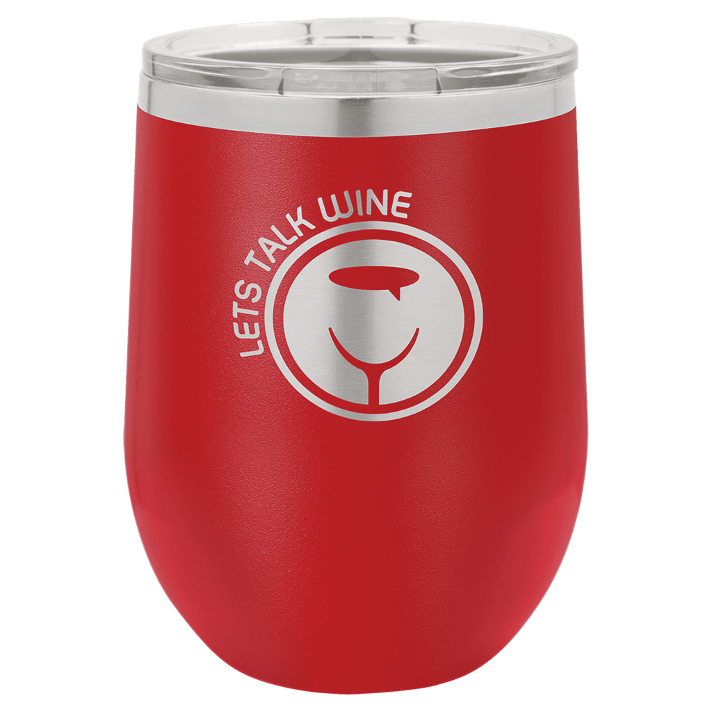 Red powder-coated 12 oz. insulated stemless wine tumbler with a clear lid, shown with a sample engraving