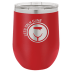 Red powder-coated 12 oz. insulated stemless wine tumbler with a clear lid, shown with a sample engraving