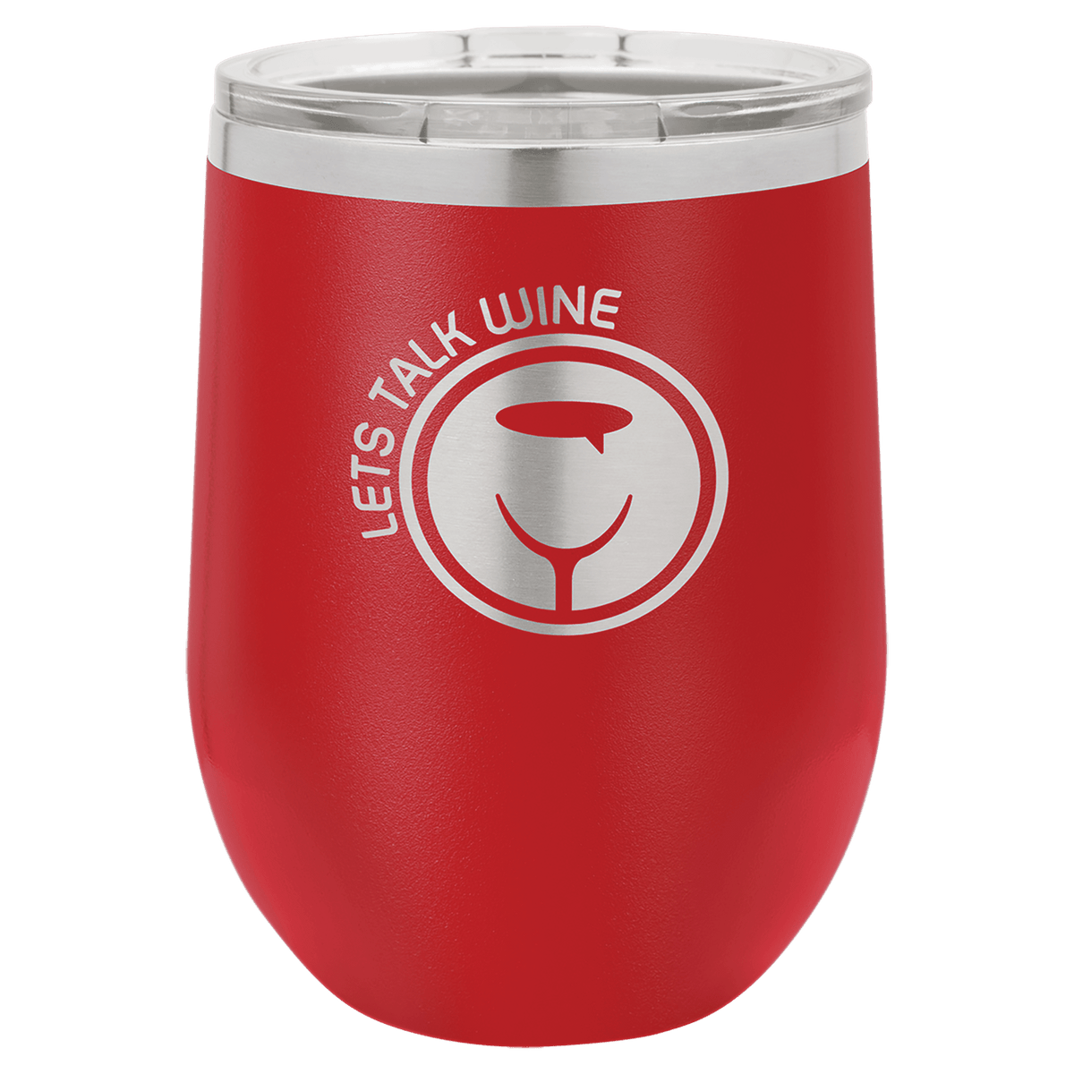 Red powder-coated 12 oz. insulated stemless wine tumbler with a clear lid, shown with a sample engraving