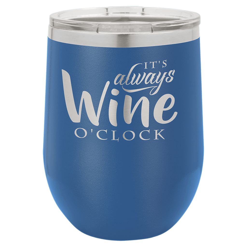 Blue powder-coated 12 oz. insulated stemless wine tumbler with a clear lid, shown with a sample engraving