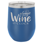 Blue powder-coated 12 oz. insulated stemless wine tumbler with a clear lid, shown with a sample engraving