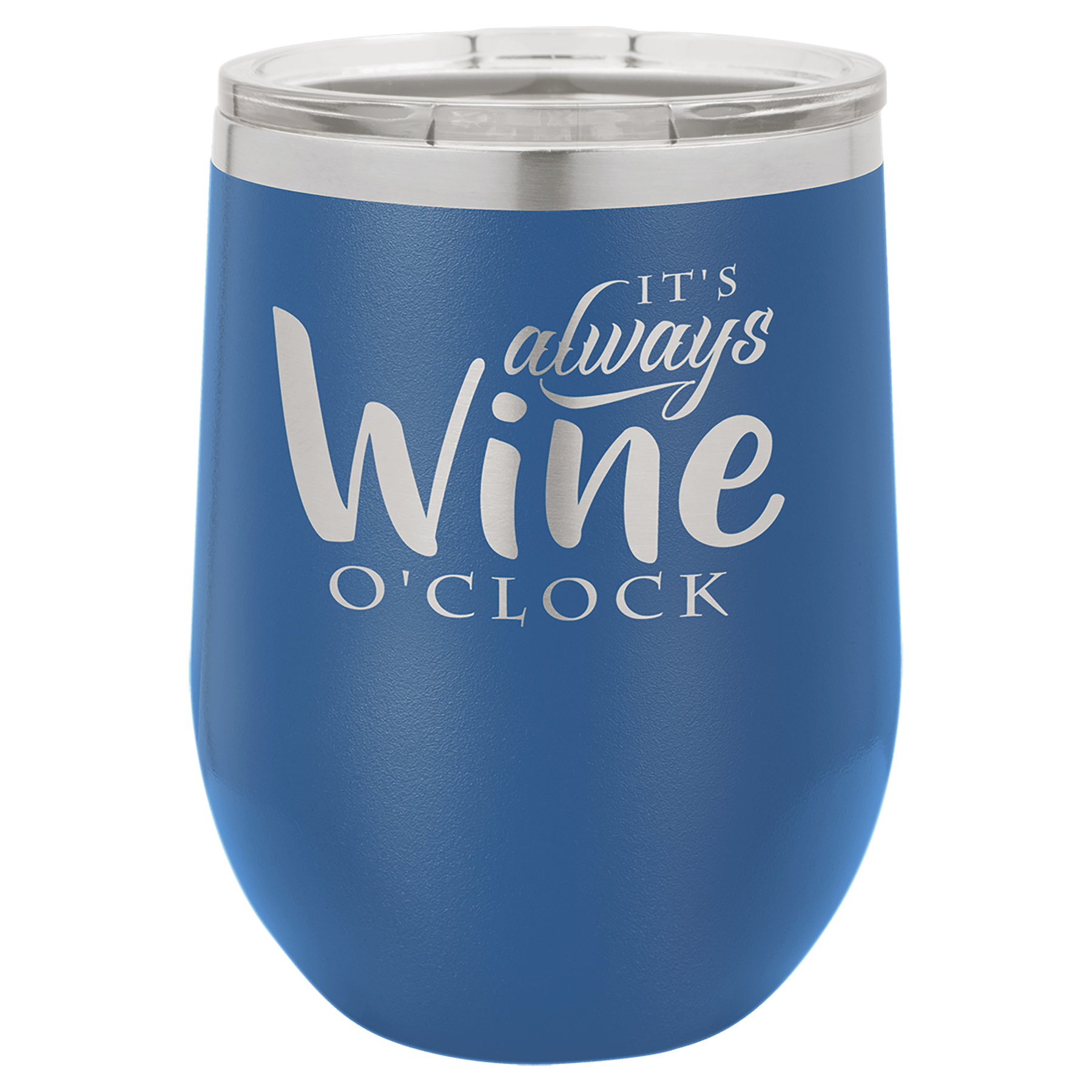 Blue powder-coated 12 oz. insulated stemless wine tumbler with a clear lid, shown with a sample engraving