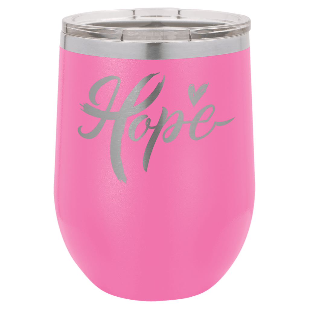 Pink powder-coated 12 oz. insulated stemless wine tumbler with a clear lid, shown with a sample engraving