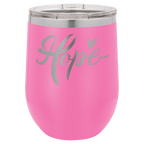 Pink powder-coated 12 oz. insulated stemless wine tumbler with a clear lid, shown with a sample engraving