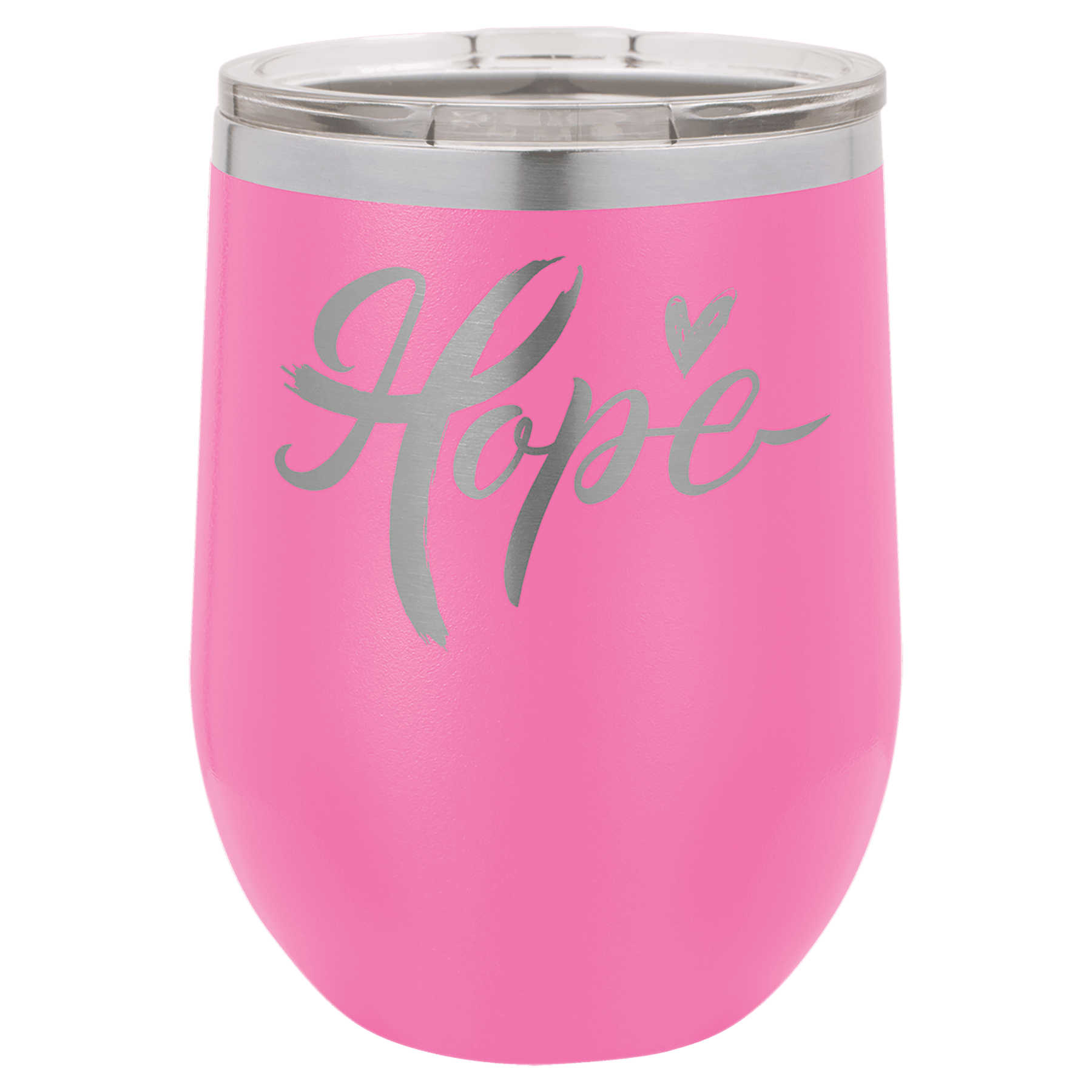 Pink powder-coated 12 oz. insulated stemless wine tumbler with a clear lid, shown with a sample engraving