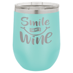 Teal powder-coated 12 oz. insulated stemless wine tumbler with a clear lid, shown with a sample engraving