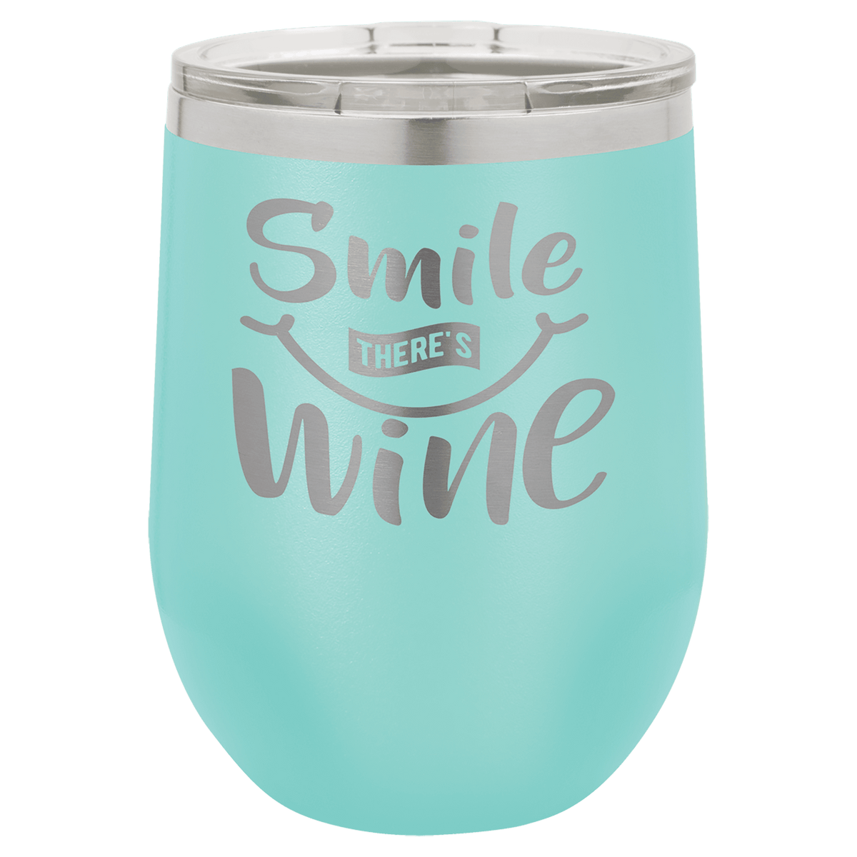 Teal powder-coated 12 oz. insulated stemless wine tumbler with a clear lid, shown with a sample engraving