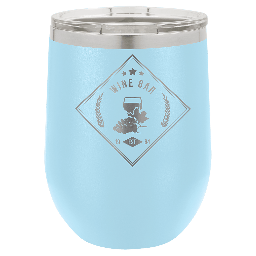 Light blue powder-coated 12 oz. insulated stemless wine tumbler with a clear lid, shown with a sample engraving