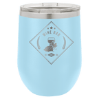 Light blue powder-coated 12 oz. insulated stemless wine tumbler with a clear lid, shown with a sample engraving