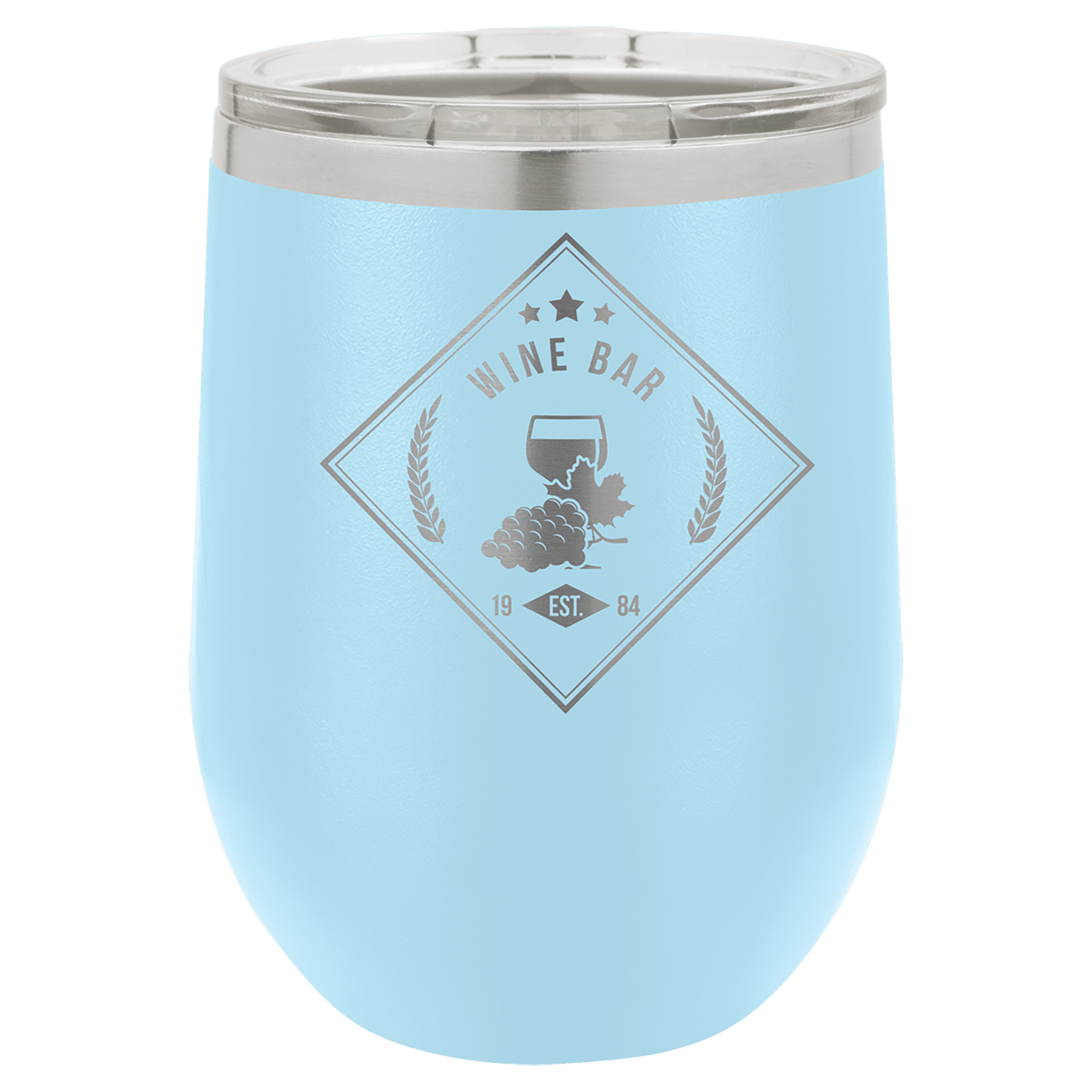 Light blue powder-coated 12 oz. insulated stemless wine tumbler with a clear lid, shown with a sample engraving