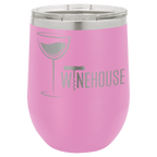 Light purple powder-coated 12 oz. insulated stemless wine tumbler with a clear lid, shown with a sample engraving