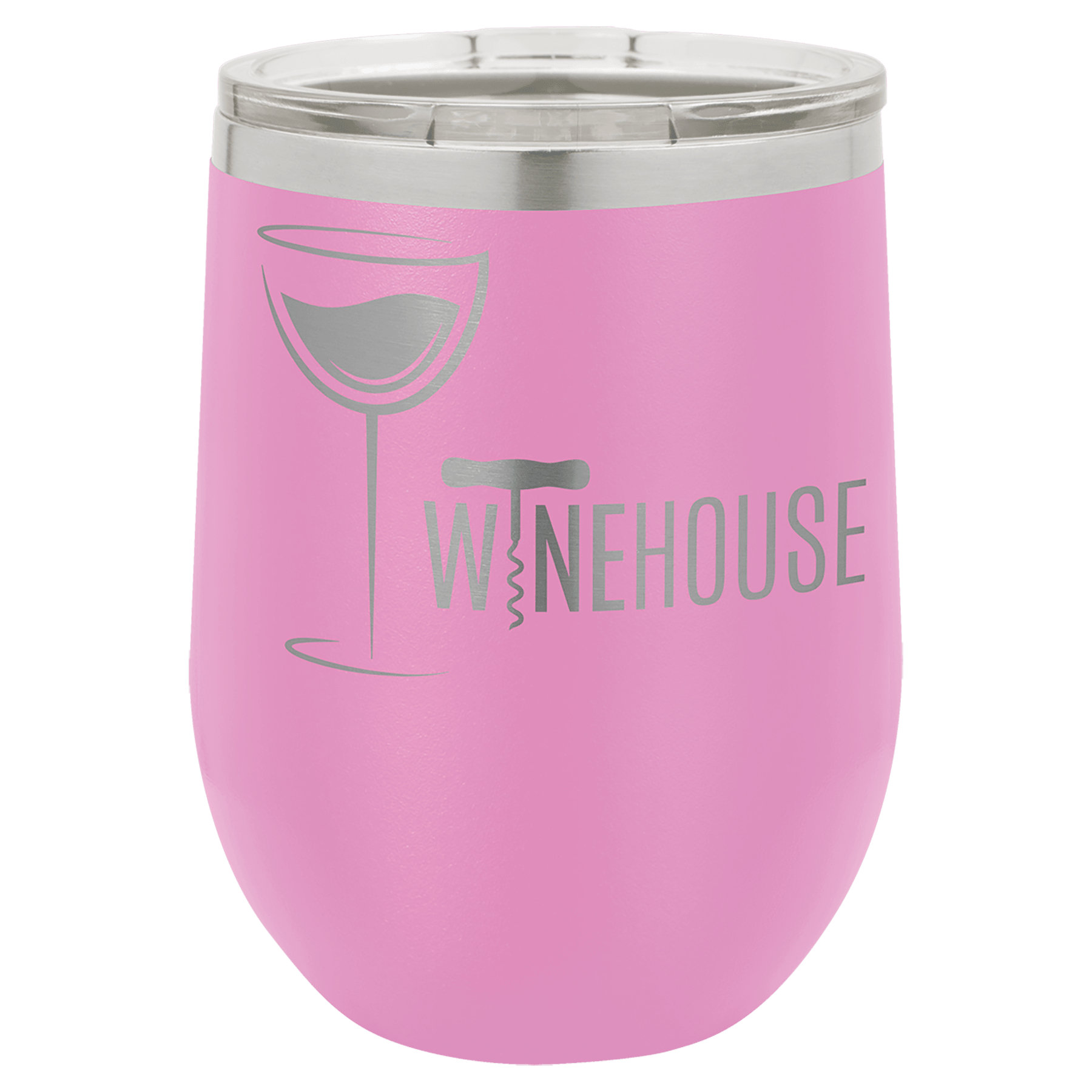 Light purple powder-coated 12 oz. insulated stemless wine tumbler with a clear lid, shown with a sample engraving