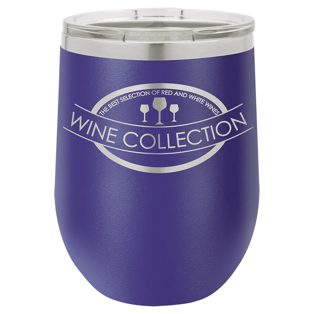 Purple powder-coated 12 oz. insulated stemless wine tumbler with a clear lid, shown with a sample engraving