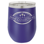 Purple powder-coated 12 oz. insulated stemless wine tumbler with a clear lid, shown with a sample engraving
