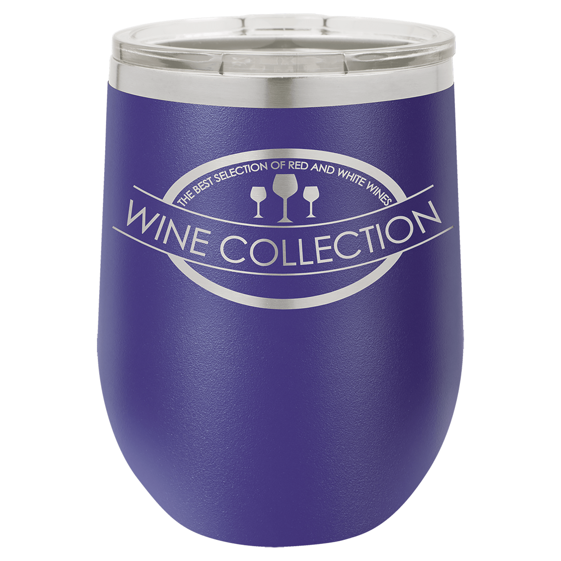 Purple powder-coated 12 oz. insulated stemless wine tumbler with a clear lid, shown with a sample engraving