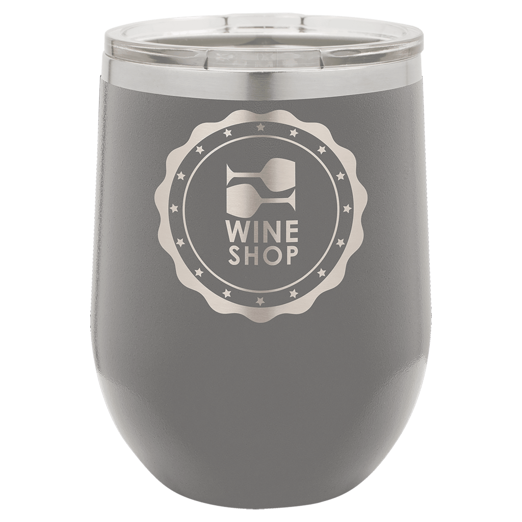 Dark gray powder-coated 12 oz. insulated stemless wine tumbler with a clear lid, shown with a sample engraving
