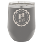 Dark gray powder-coated 12 oz. insulated stemless wine tumbler with a clear lid, shown with a sample engraving