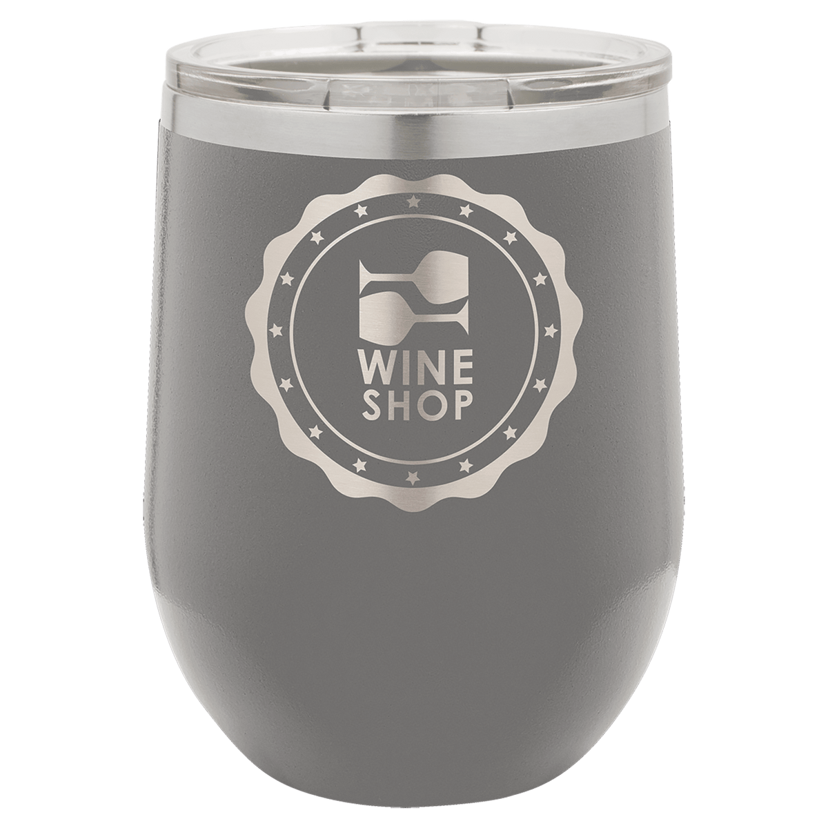 Dark gray powder-coated 12 oz. insulated stemless wine tumbler with a clear lid, shown with a sample engraving