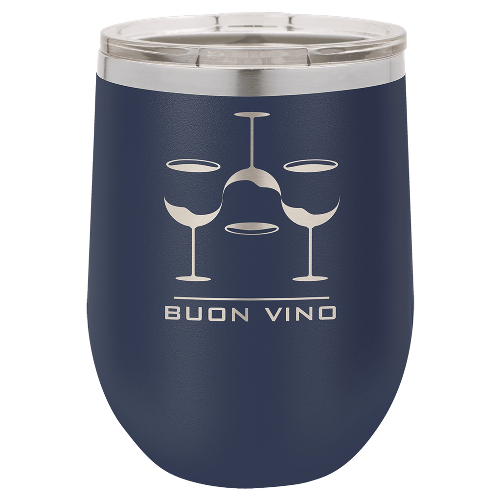 Navy blue powder-coated 12 oz. insulated stemless wine tumbler with a clear lid, shown with a sample engraving