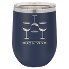 Navy blue powder-coated 12 oz. insulated stemless wine tumbler with a clear lid, shown with a sample engraving