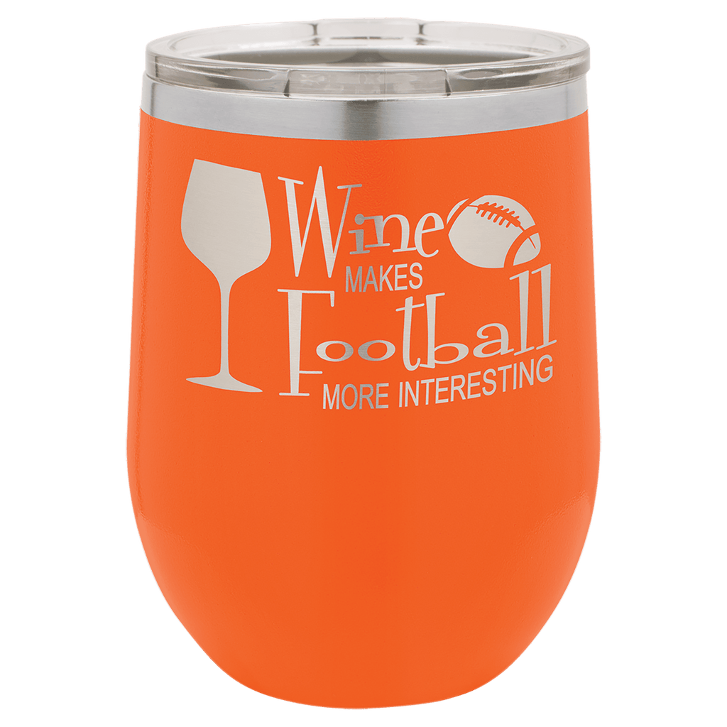 Orange powder-coated 12 oz. insulated stemless wine tumbler with a clear lid, shown with a sample engraving