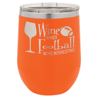Orange powder-coated 12 oz. insulated stemless wine tumbler with a clear lid, shown with a sample engraving