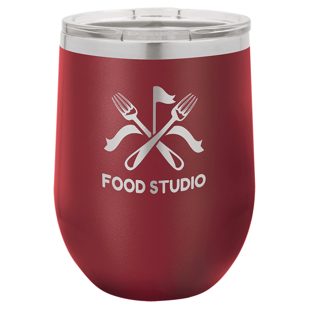 Maroon powder-coated 12 oz. insulated stemless wine tumbler with a clear lid, shown with a sample engraving