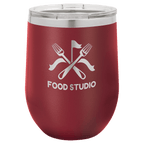 Maroon powder-coated 12 oz. insulated stemless wine tumbler with a clear lid, shown with a sample engraving