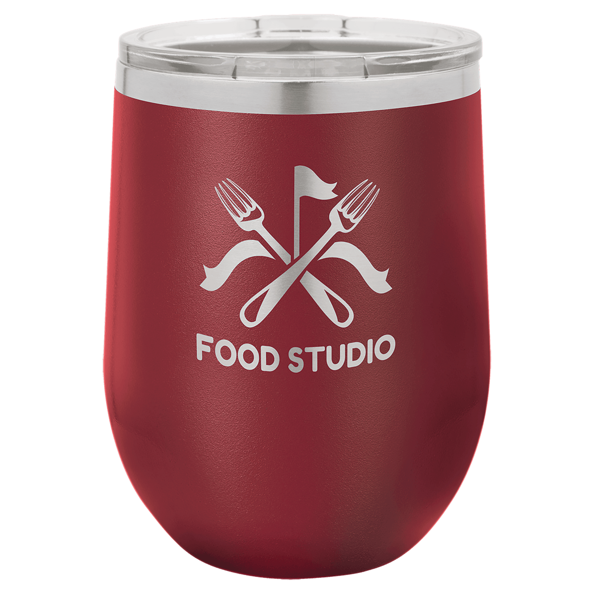 Maroon powder-coated 12 oz. insulated stemless wine tumbler with a clear lid, shown with a sample engraving