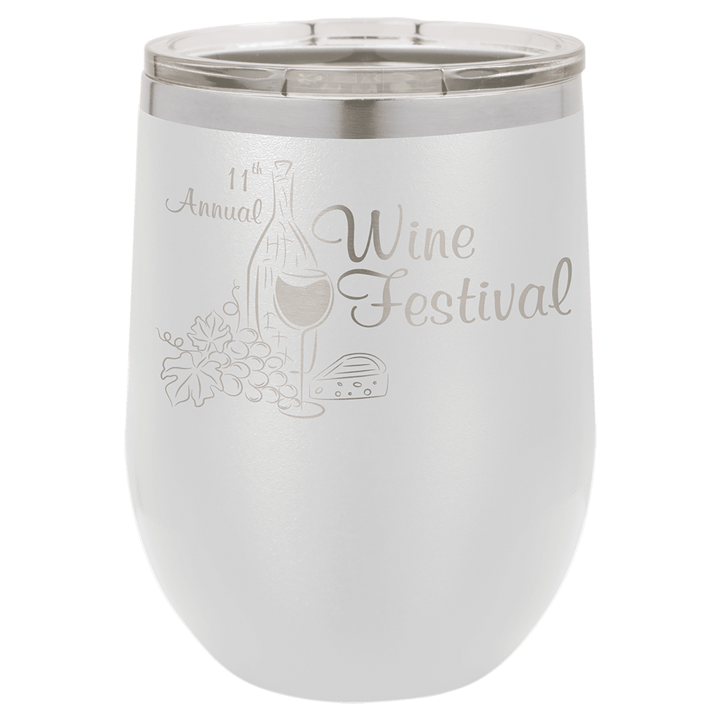 White powder-coated 12 oz. insulated stemless wine tumbler with a clear lid, shown with a sample engraving
