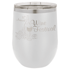 White powder-coated 12 oz. insulated stemless wine tumbler with a clear lid, shown with a sample engraving