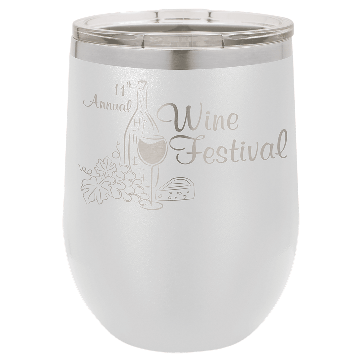 White powder-coated 12 oz. insulated stemless wine tumbler with a clear lid, shown with a sample engraving