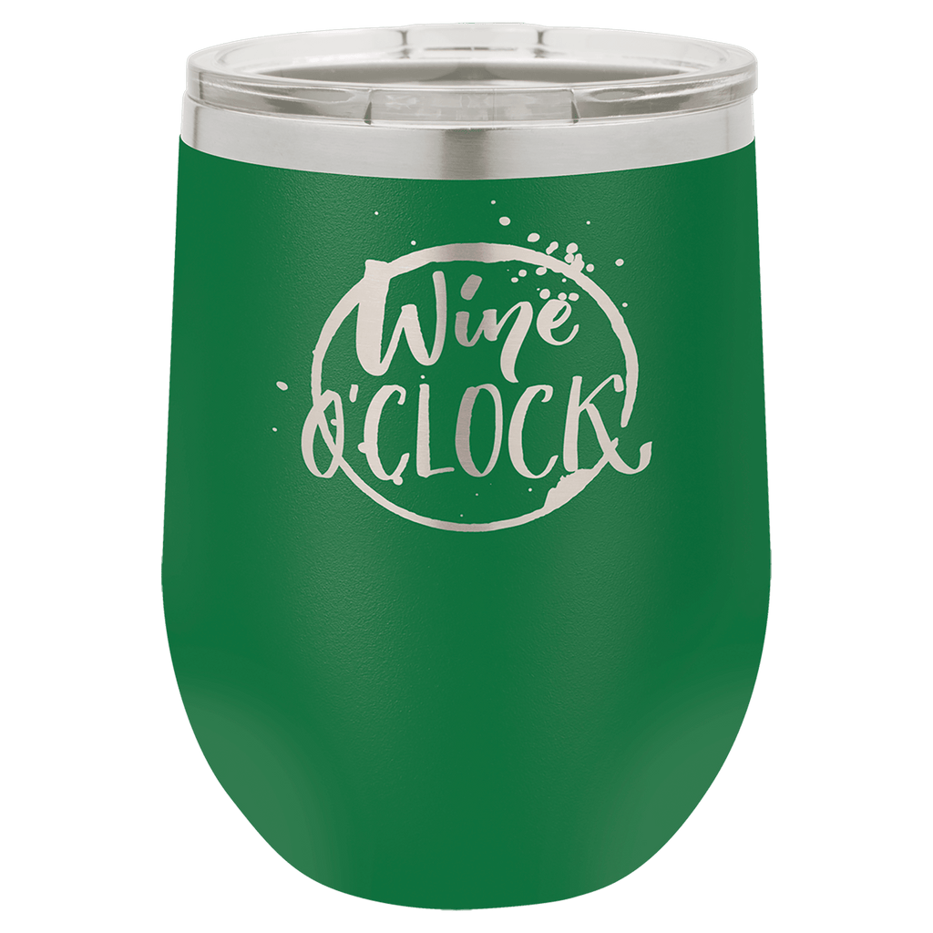 Green powder-coated 12 oz. insulated stemless wine tumbler with a clear lid, shown with a sample engraving
