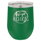 Green powder-coated 12 oz. insulated stemless wine tumbler with a clear lid, shown with a sample engraving