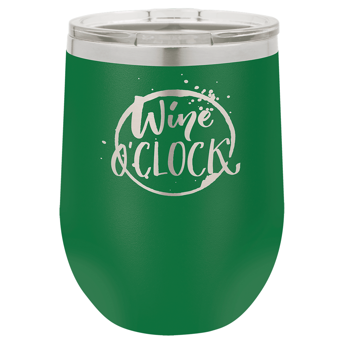 Green powder-coated 12 oz. insulated stemless wine tumbler with a clear lid, shown with a sample engraving