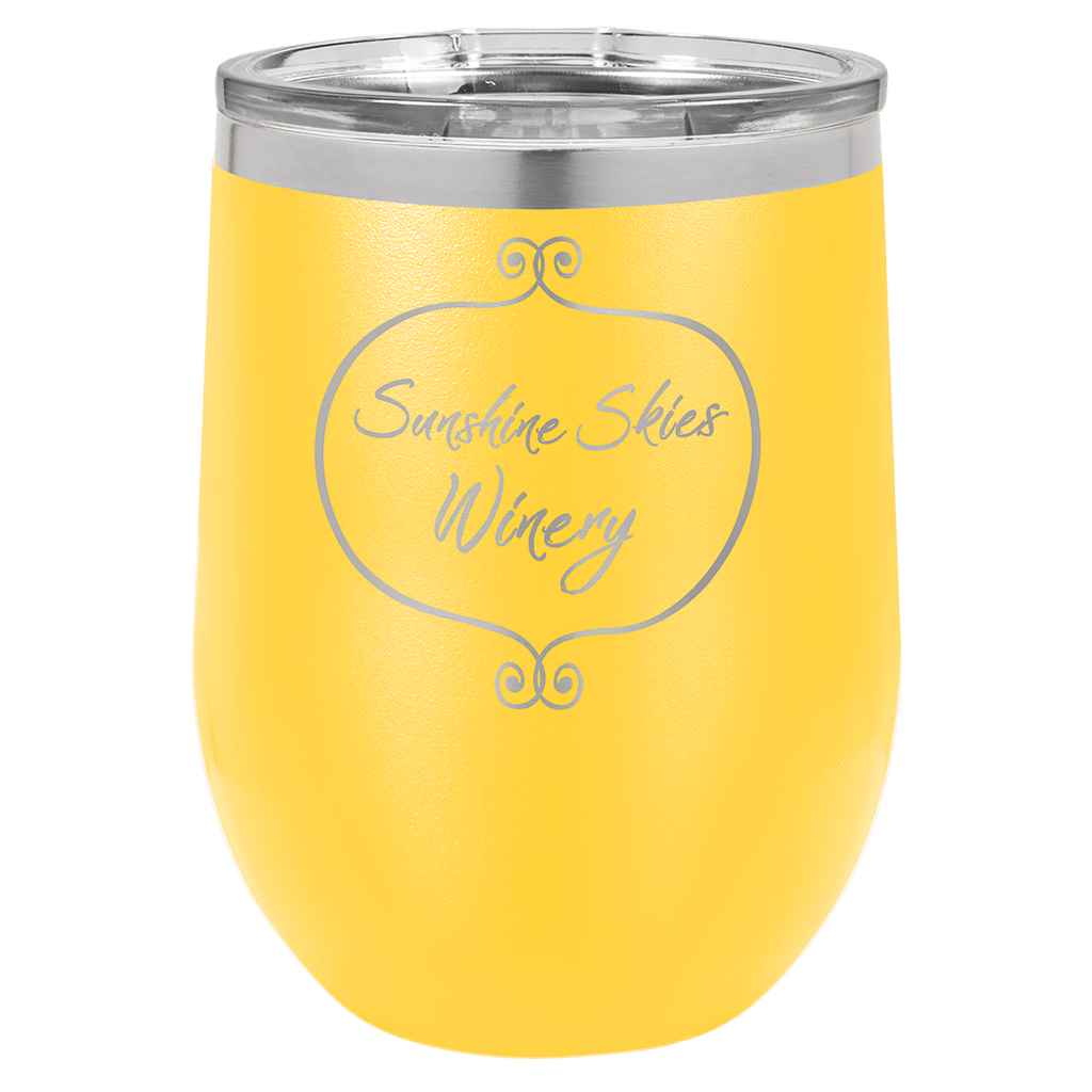 Yellow powder-coated 12 oz. insulated stemless wine tumbler with a clear lid, shown with a sample engraving