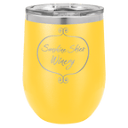 Yellow powder-coated 12 oz. insulated stemless wine tumbler with a clear lid, shown with a sample engraving