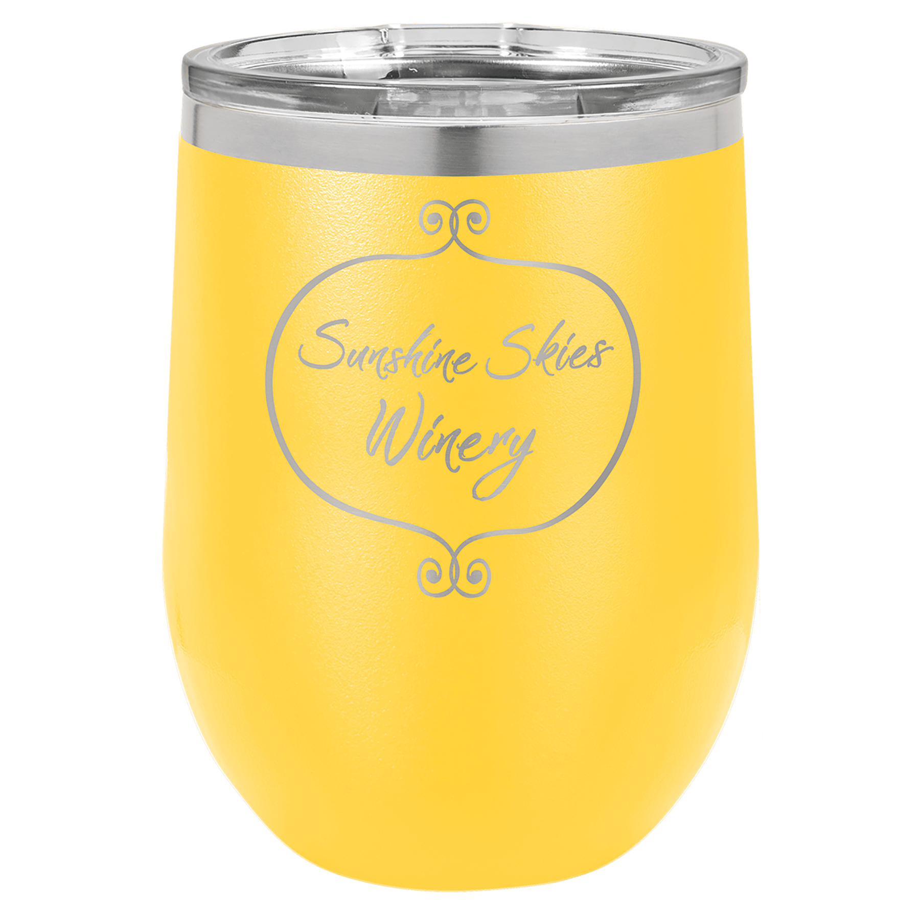 Yellow powder-coated 12 oz. insulated stemless wine tumbler with a clear lid, shown with a sample engraving